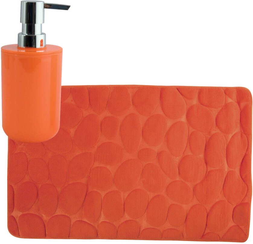 MSV badkamer droogloop mat tapijt Kiezel 50 x 80 cm zelfde kleur zeeppompje oranje Badmatjes