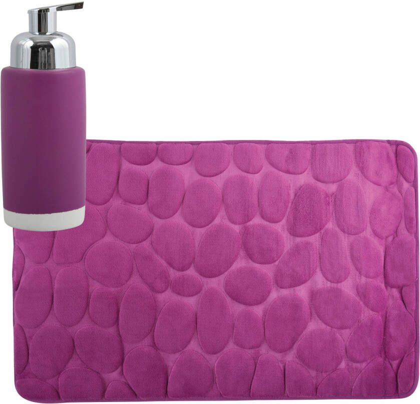 MSV badkamer droogloop mat tapijt Kiezel 50 x 80 cm zelfde kleur zeeppompje paars Badmatjes