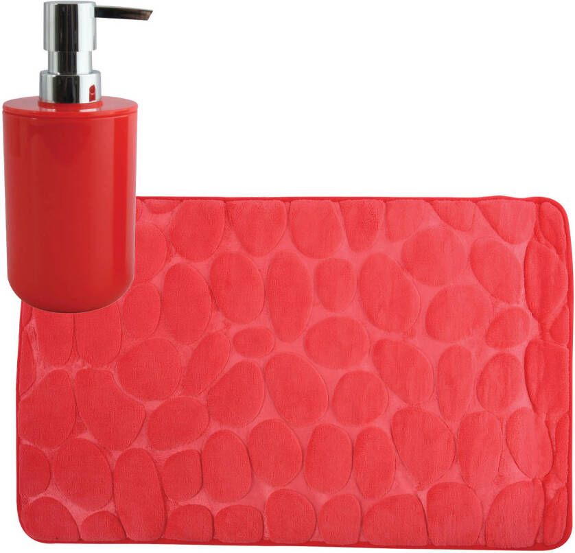 MSV badkamer droogloop mat tapijt Kiezel 50 x 80 cm zelfde kleur zeeppompje rood Badmatjes