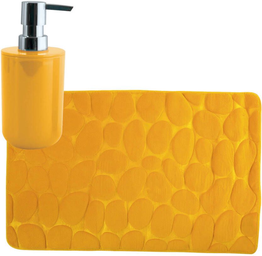 MSV badkamer droogloop mat tapijt Kiezel 50 x 80 cm zelfde kleur zeeppompje saffraan geel Badmatjes