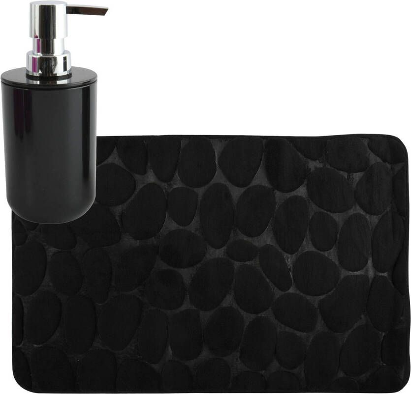 MSV badkamer droogloop mat tapijt Kiezel 50 x 80 cm zelfde kleur zeeppompje zwart Badmatjes