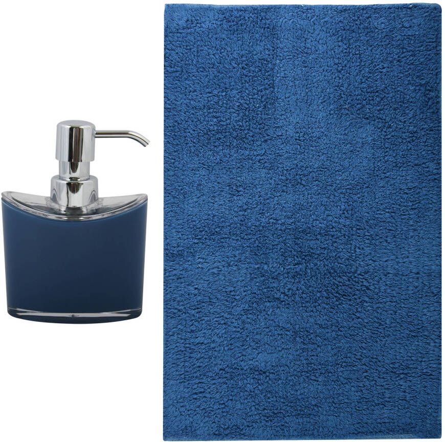 MSV badkamer droogloop mat tapijt Sienna 40 x 60 cm bijpassende kleur zeeppompje donkerblauw Badmatjes