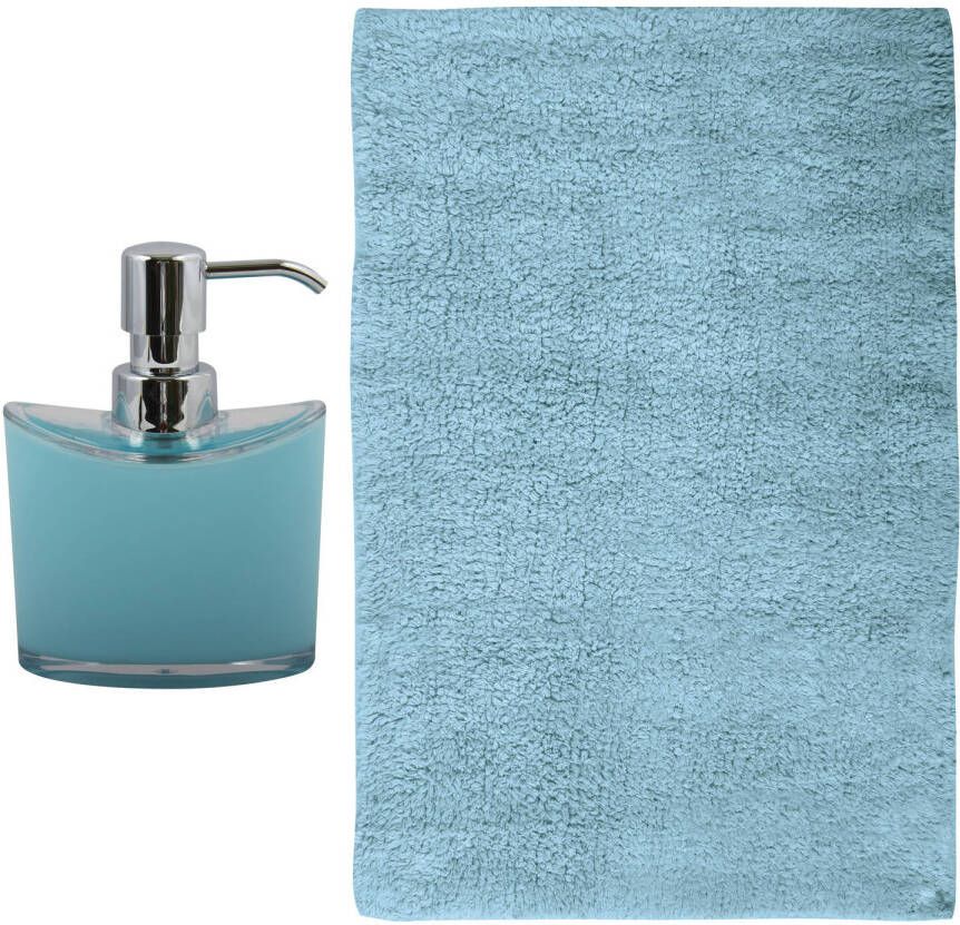 MSV badkamer droogloop mat tapijt Sienna 40 x 60 cm bijpassende kleur zeeppompje lichtblauw Badmatjes