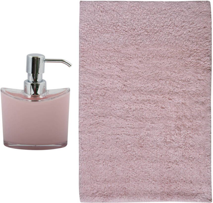 MSV badkamer droogloop mat tapijt Sienna 40 x 60 cm bijpassende kleur zeeppompje lichtroze Badmatjes
