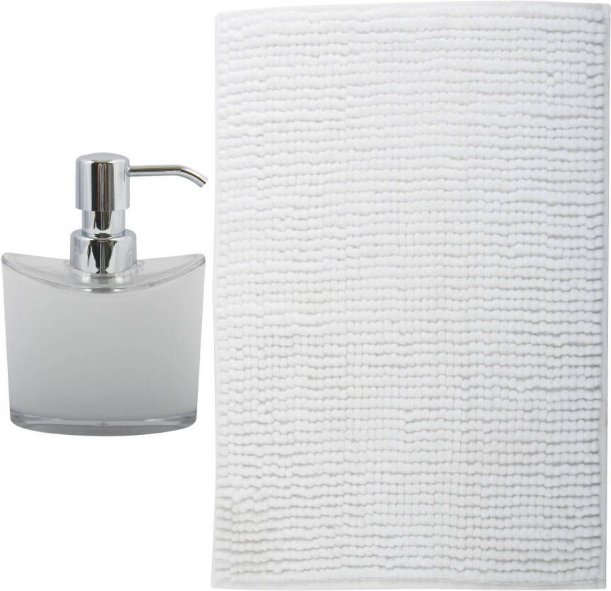 MSV badkamer droogloop mat tapijt Sienna 90 x 60 cm bijpassende kleur zeeppompje wit Badmatjes