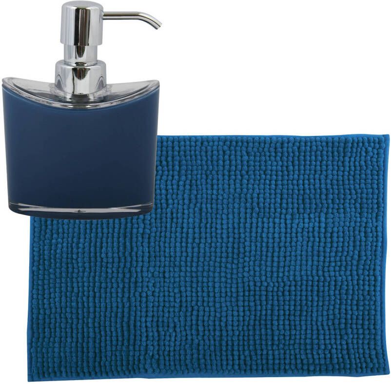 MSV badkamer droogloop mat tapijtje 40 x 60 cm en zelfde kleur zeeppompje 260 ml blauw Badmatjes