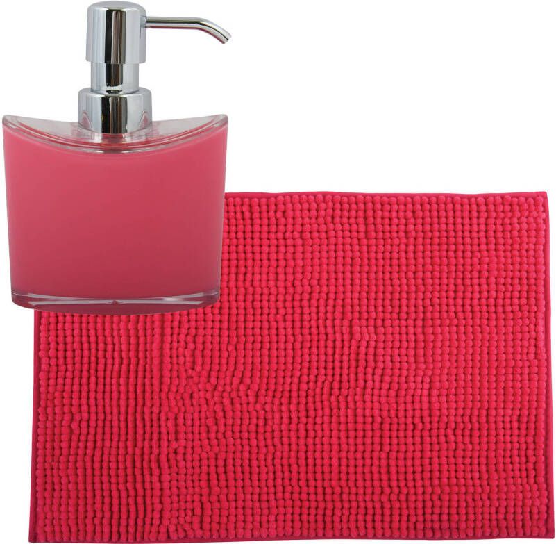 MSV badkamer droogloop mat tapijtje 40 x 60 cm en zelfde kleur zeeppompje 260 ml fuchsia roze Badmatjes