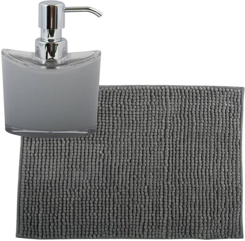 MSV badkamer droogloop mat tapijtje 40 x 60 cm en zelfde kleur zeeppompje 260 ml grijs Badmatjes