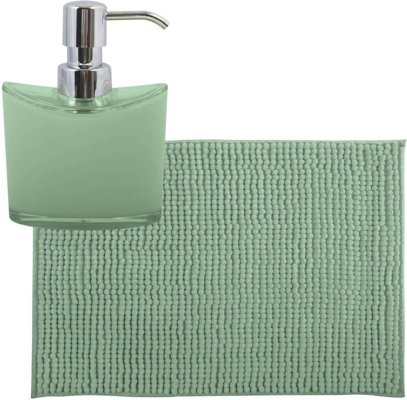 MSV badkamer droogloop mat tapijtje 40 x 60 cm en zelfde kleur zeeppompje 260 ml groen Badmatjes