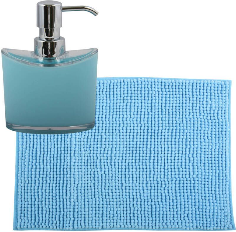 MSV badkamer droogloop mat tapijtje 40 x 60 cm en zelfde kleur zeeppompje 260 ml lichtblauw Badmatjes