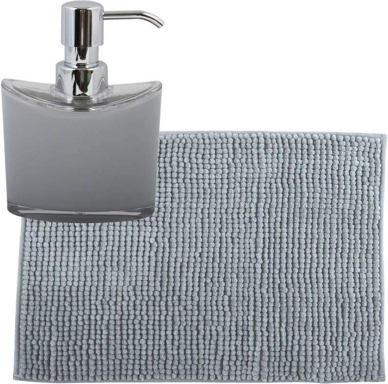 MSV badkamer droogloop mat tapijtje 40 x 60 cm en zelfde kleur zeeppompje 260 ml lichtgrijs Badmatjes