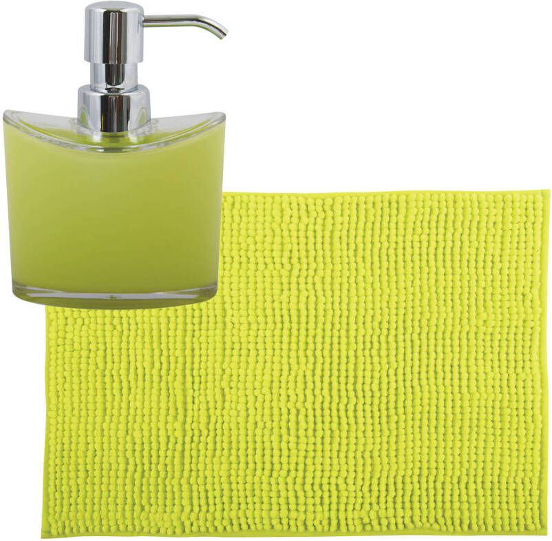 MSV badkamer droogloop mat tapijtje 40 x 60 cm en zelfde kleur zeeppompje 260 ml lime groen Badmatjes