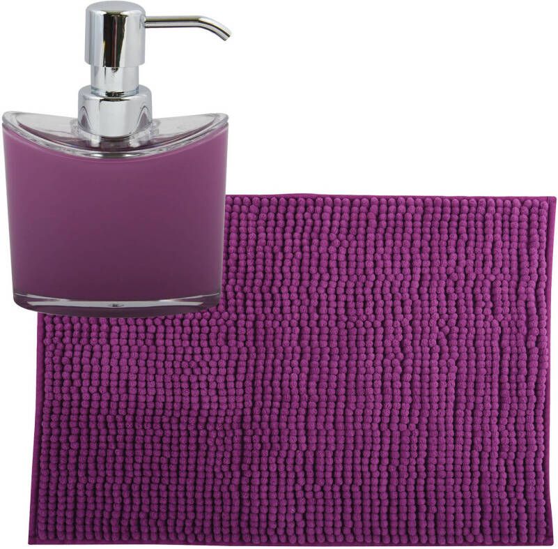 MSV badkamer droogloop mat tapijtje 40 x 60 cm en zelfde kleur zeeppompje 260 ml paars Badmatjes