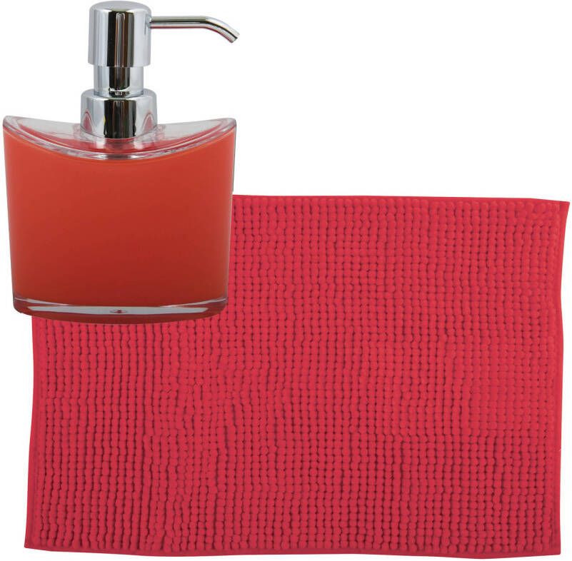 MSV badkamer droogloop mat tapijtje 40 x 60 cm en zelfde kleur zeeppompje 260 ml rood Badmatjes