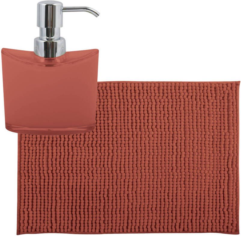MSV badkamer droogloop mat tapijtje 40 x 60 cm en zelfde kleur zeeppompje 260 ml terracotta Badmatjes