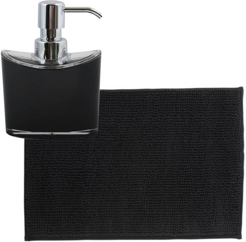 MSV badkamer droogloop mat tapijtje 40 x 60 cm en zelfde kleur zeeppompje 260 ml zwart Badmatjes