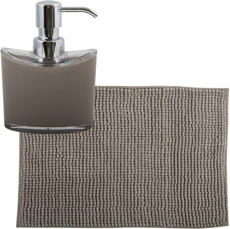 MSV badkamer droogloop mat tapijtje 50 x 80 cm en zelfde kleur zeeppompje 260 ml beige Badmatjes
