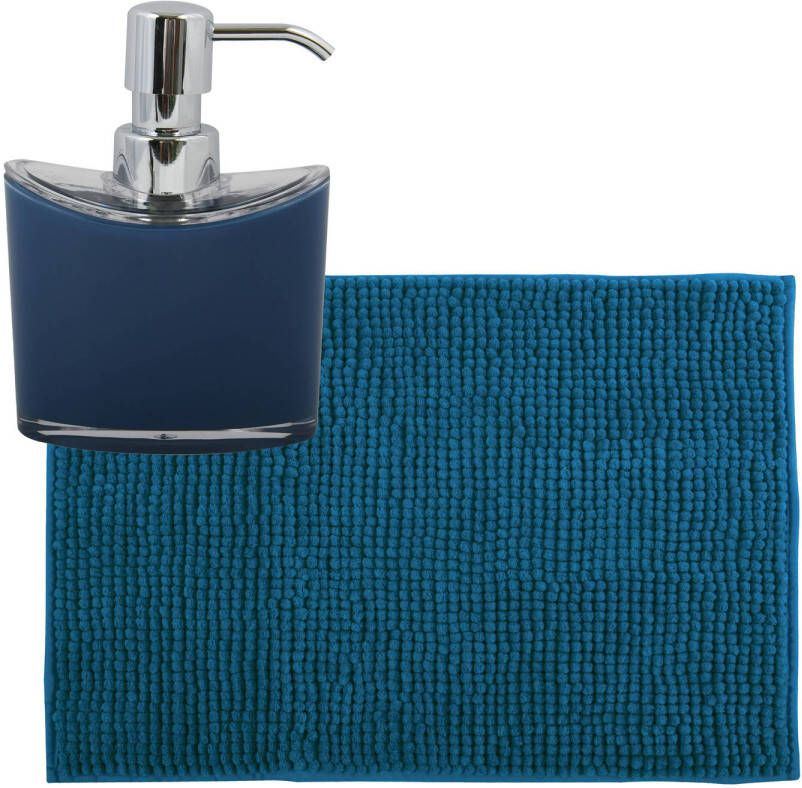 MSV badkamer droogloop mat tapijtje 50 x 80 cm en zelfde kleur zeeppompje 260 ml donkerblauw Badmatjes