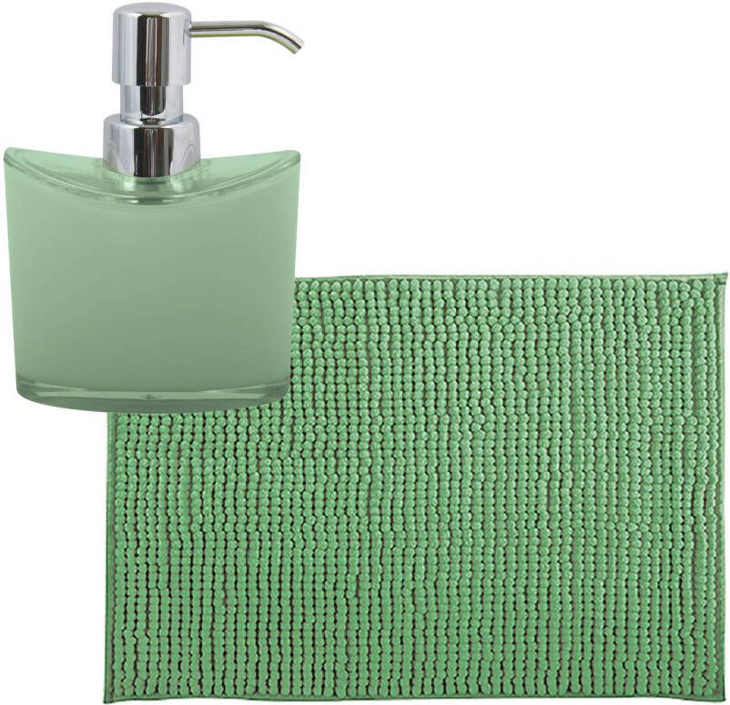 MSV badkamer droogloop mat tapijtje 50 x 80 cm en zelfde kleur zeeppompje 260 ml groen Badmatjes