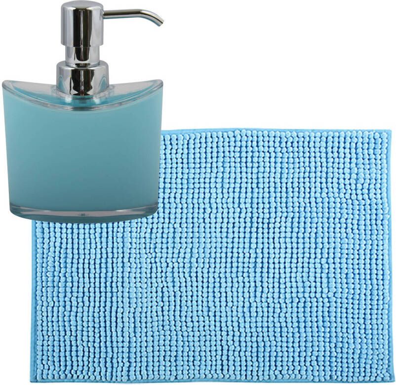 MSV badkamer droogloop mat tapijtje 50 x 80 cm en zelfde kleur zeeppompje 260 ml lichtblauw Badmatjes