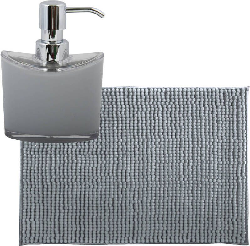 MSV badkamer droogloop mat tapijtje 50 x 80 cm en zelfde kleur zeeppompje 260 ml lichtgrijs Badmatjes