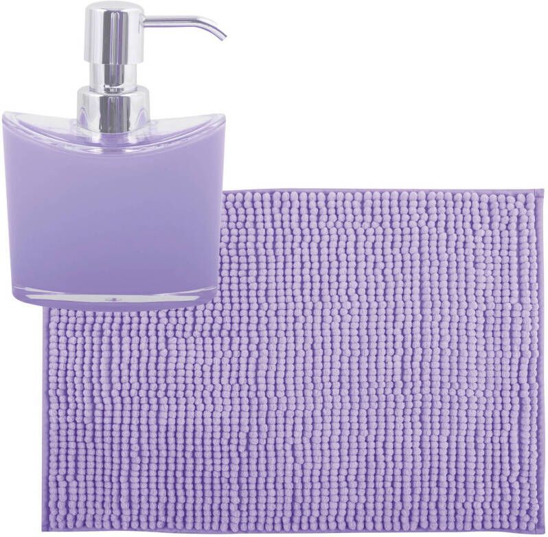 MSV badkamer droogloop mat tapijtje 50 x 80 cm en zelfde kleur zeeppompje 260 ml lila paars Badmatjes