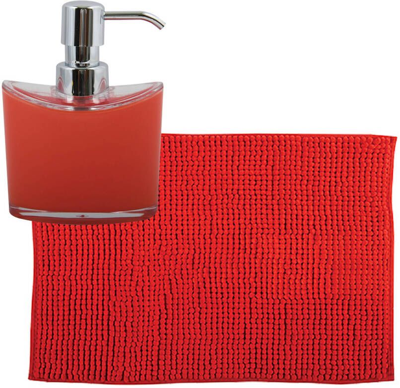 MSV badkamer droogloop mat tapijtje 50 x 80 cm en zelfde kleur zeeppompje 260 ml rood Badmatjes