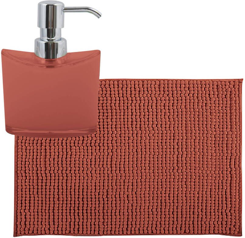 MSV badkamer droogloop mat tapijtje 50 x 80 cm en zelfde kleur zeeppompje 260 ml terracotta Badmatjes