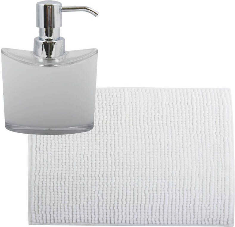 MSV badkamer droogloop mat tapijtje 50 x 80 cm en zelfde kleur zeeppompje 260 ml wit Badmatjes
