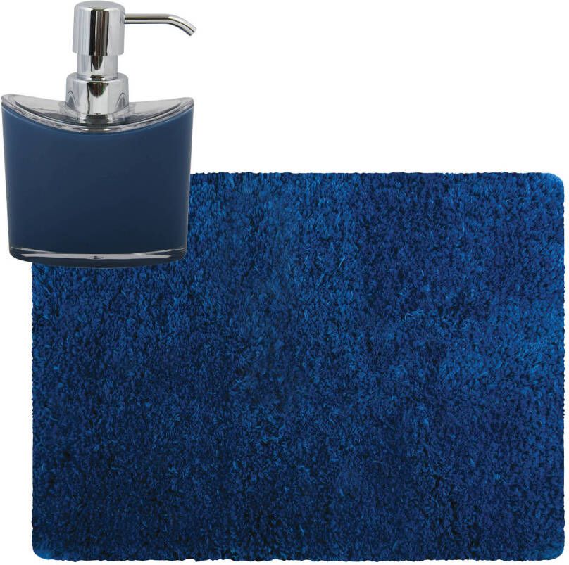 MSV badkamer droogloop tapijt Langharig 50 x 70 cm incl zeeppompje 260 ml donkerblauw Badmatjes
