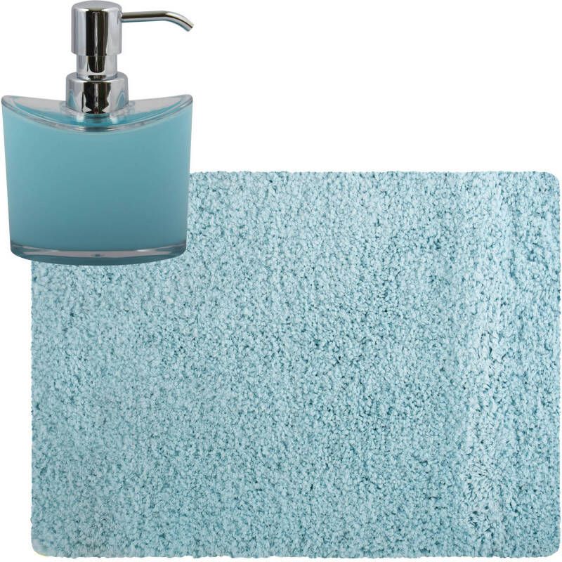 MSV badkamer droogloop tapijt Langharig 50 x 70 cm incl zeeppompje 260 ml lichtblauw Badmatjes