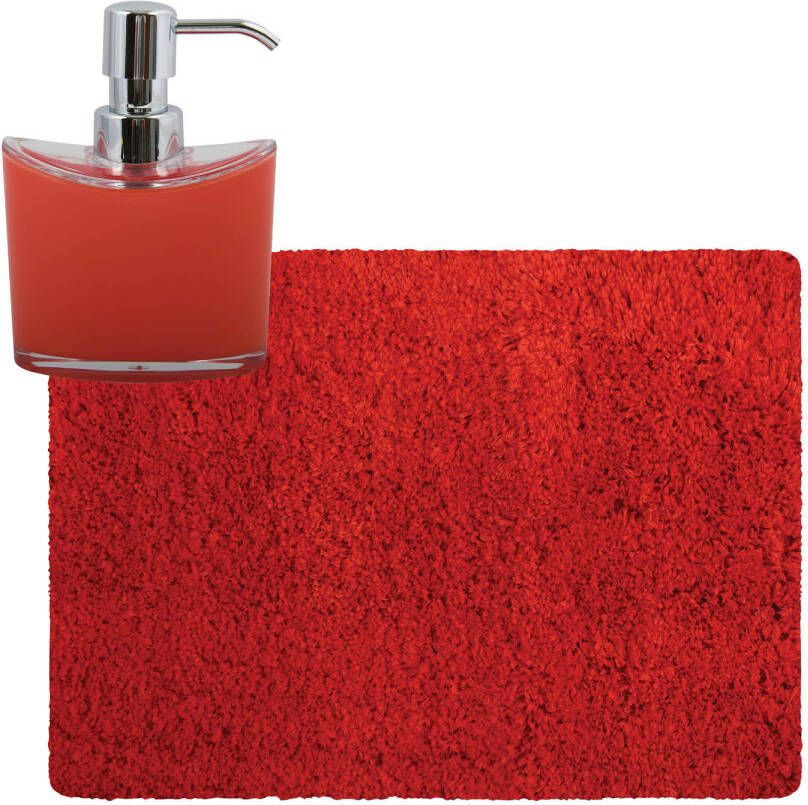 MSV badkamer droogloop tapijt Langharig 50 x 70 cm incl zeeppompje 260 ml rood Badmatjes