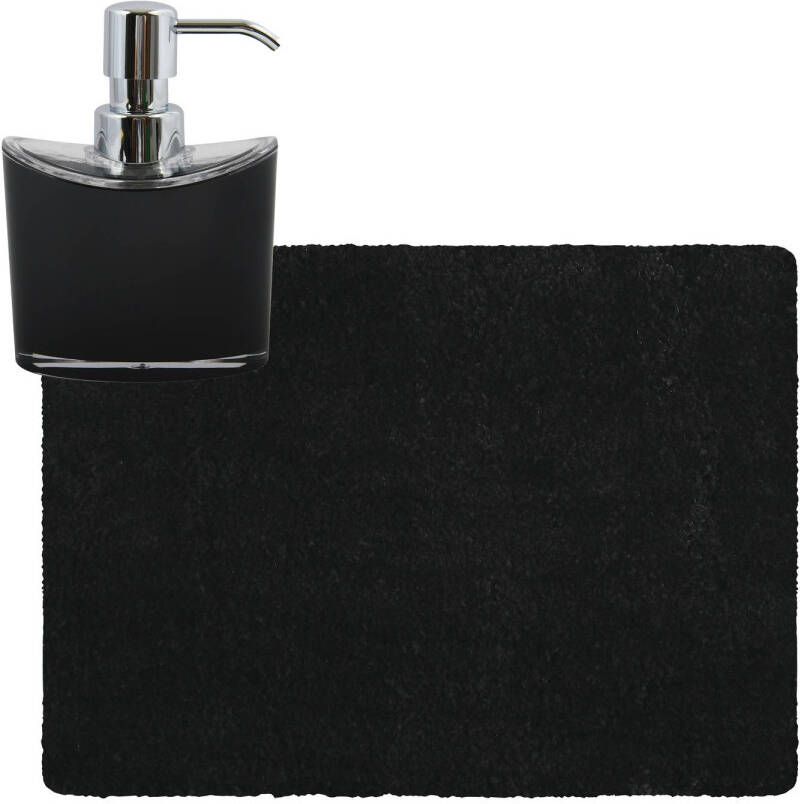 MSV badkamer droogloop tapijt Langharig 50 x 70 cm incl zeeppompje 260 ml zwart Badmatjes