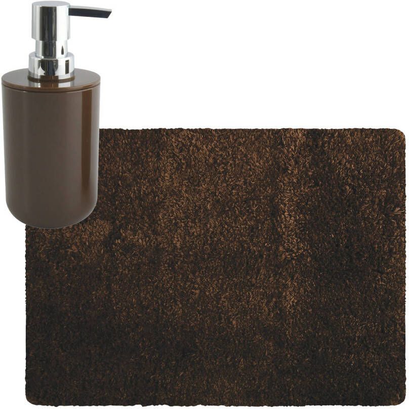 MSV badkamer droogloop tapijt Langharig 50 x 70 cm incl zeeppompje zelfde kleur bruin Badmatjes
