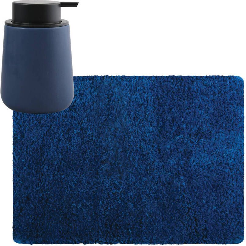 MSV badkamer droogloop tapijt Langharig 50 x 70 cm incl zeeppompje zelfde kleur donkerblauw Badmatjes