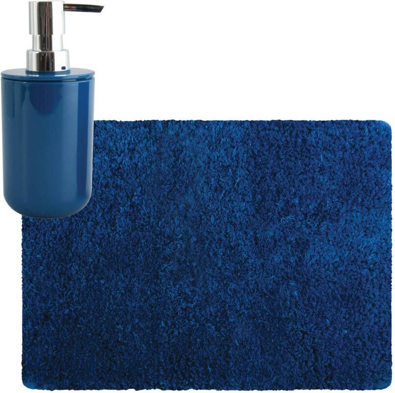 MSV badkamer droogloop tapijt Langharig 50 x 70 cm incl zeeppompje zelfde kleur donkerblauw Badmatjes