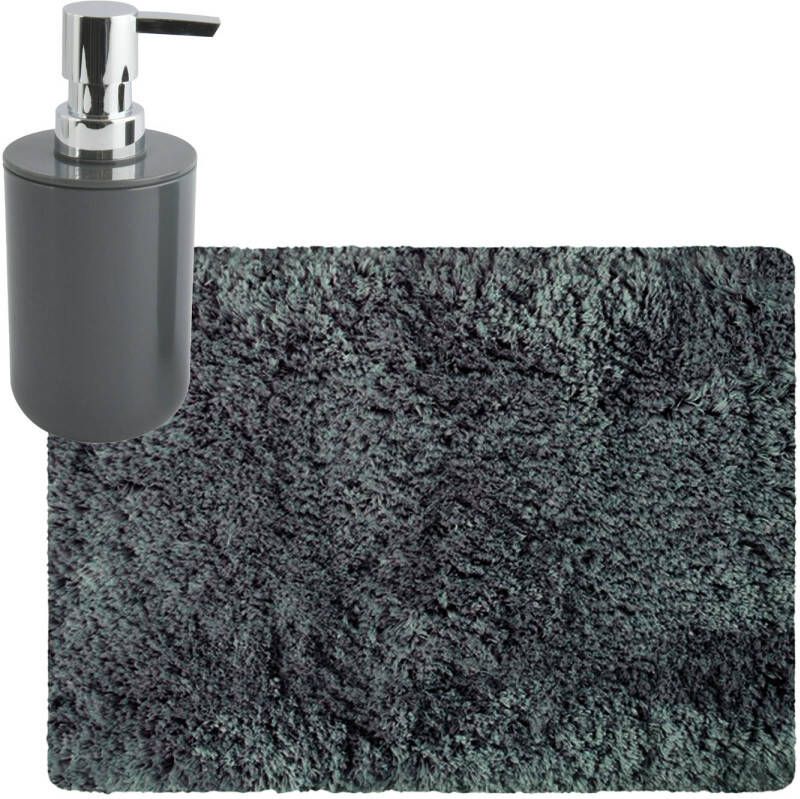 MSV badkamer droogloop tapijt Langharig 50 x 70 cm incl zeeppompje zelfde kleur donkergrijs Badmatjes