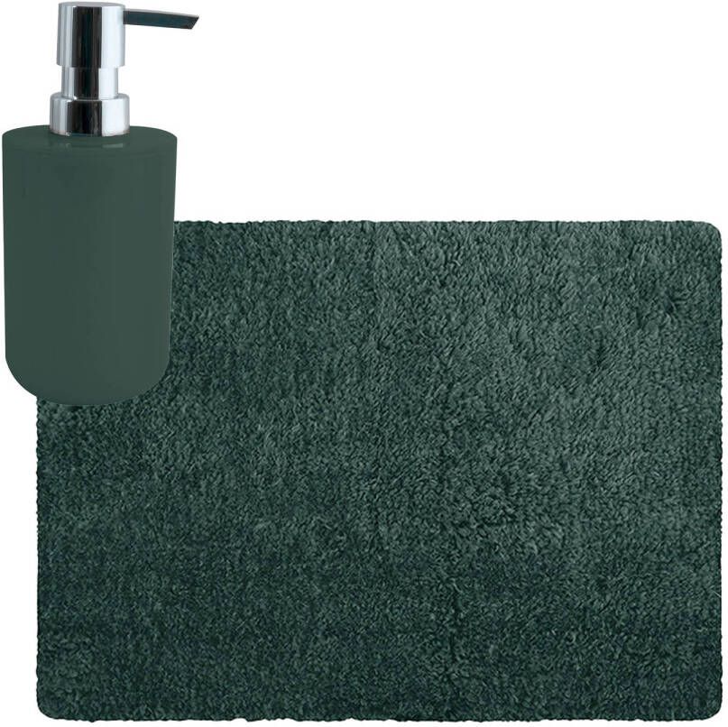 MSV badkamer droogloop tapijt Langharig 50 x 70 cm incl zeeppompje zelfde kleur donkergroen Badmatjes