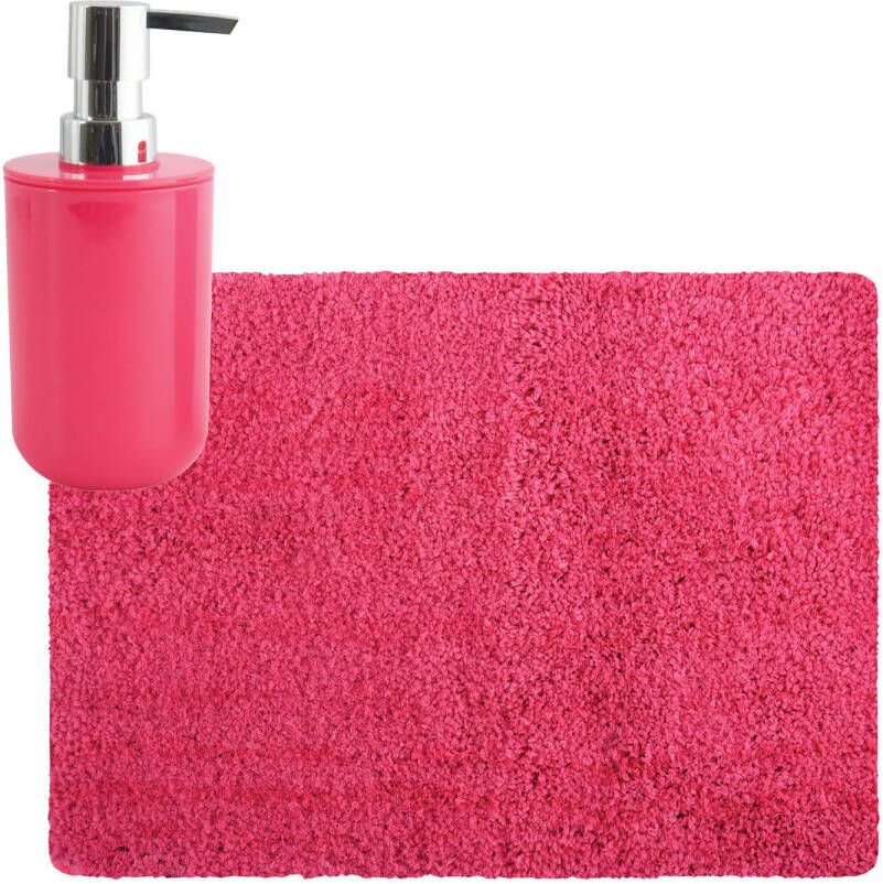 MSV badkamer droogloop tapijt Langharig 50 x 70 cm incl zeeppompje zelfde kleur fuchsia roze Badmatjes