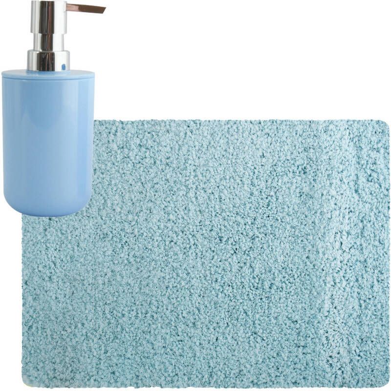 MSV badkamer droogloop tapijt Langharig 50 x 70 cm incl zeeppompje zelfde kleur lichtblauw Badmatjes