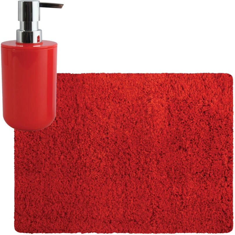 MSV badkamer droogloop tapijt Langharig 50 x 70 cm incl zeeppompje zelfde kleur rood Badmatjes