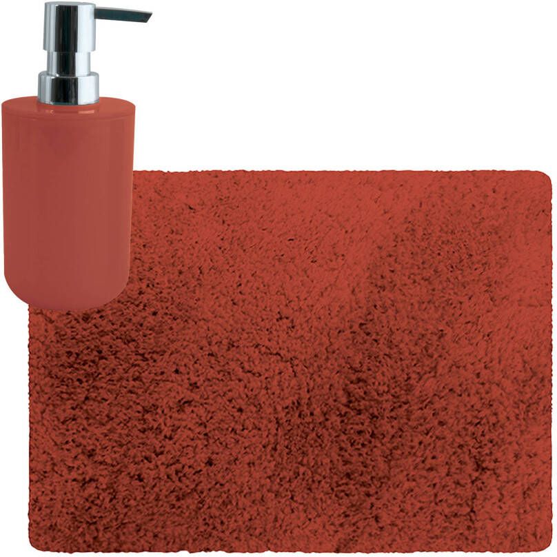MSV badkamer droogloop tapijt Langharig 50 x 70 cm incl zeeppompje zelfde kleur terracotta Badmatjes