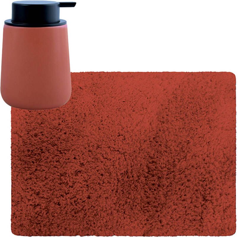 MSV badkamer droogloop tapijt Langharig 50 x 70 cm incl zeeppompje zelfde kleur terracotta Badmatjes