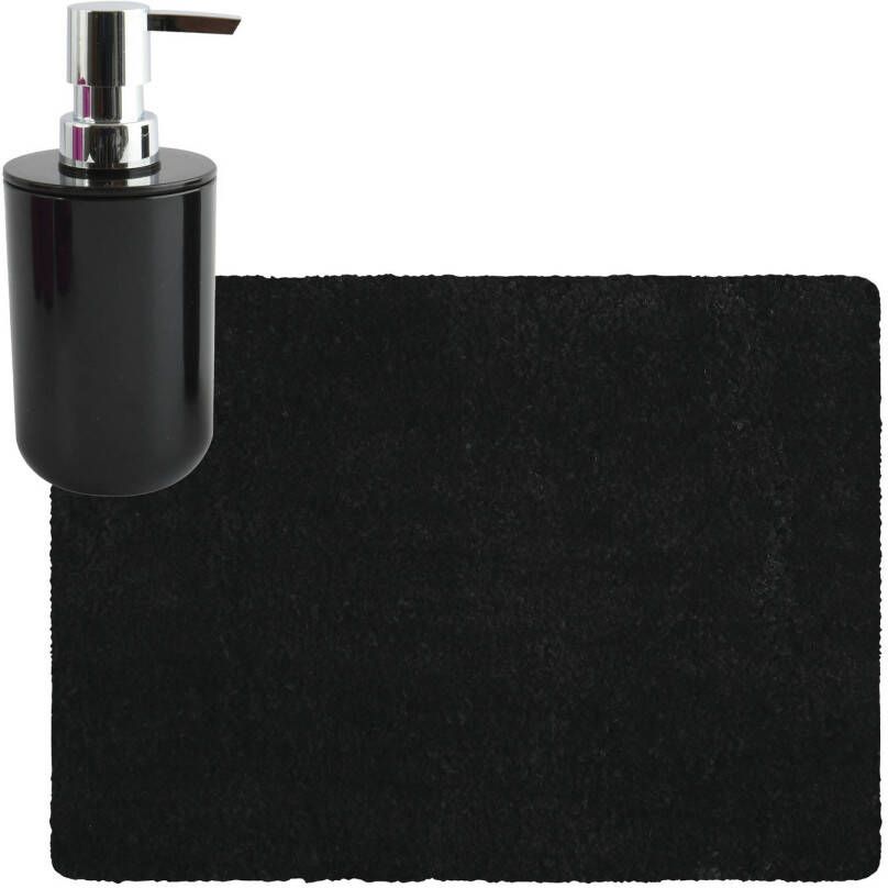MSV badkamer droogloop tapijt Langharig 50 x 70 cm incl zeeppompje zelfde kleur zwart Badmatjes