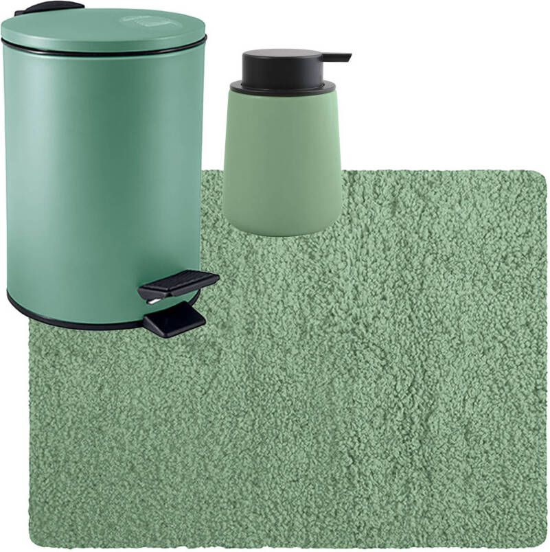 MSV badkamer droogloop tapijt langharig 50x70 cm pedaalemmer 3L zeeppompje 300 ml groen Badmatjes