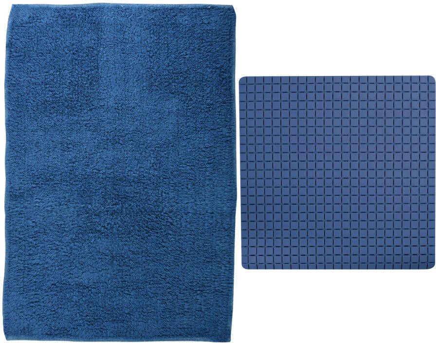 MSV Douche anti-slip mat en droogloop mat Napoli badkamer set rubber polyester donkerblauw Badmatjes