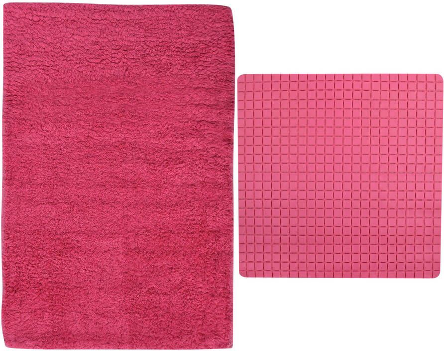 MSV Douche anti-slip mat en droogloop mat Napoli badkamer set rubber polyester fuchsia roze Badmatjes
