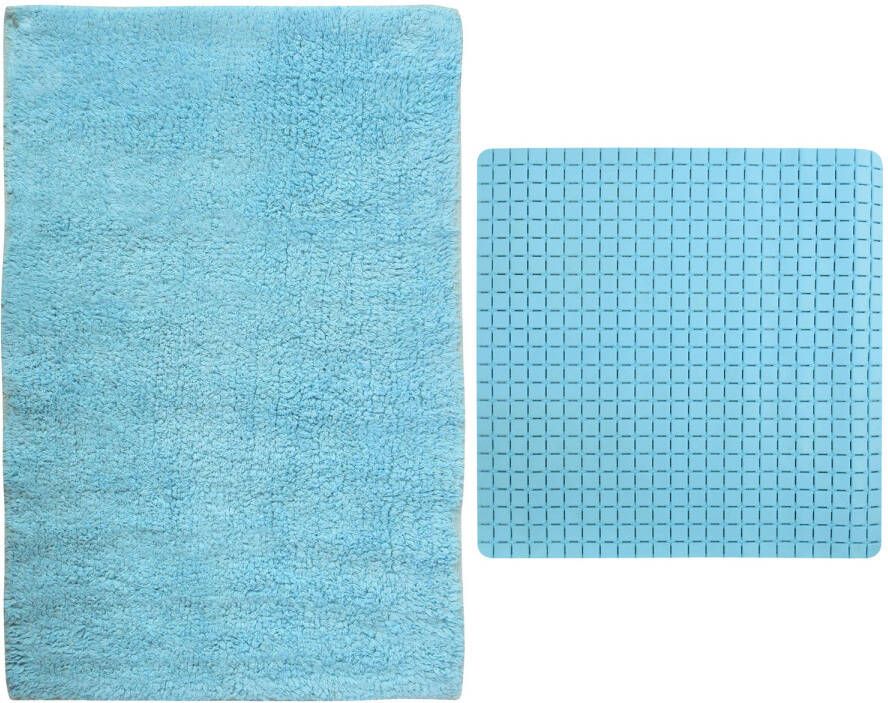 MSV Douche anti-slip mat en droogloop mat Napoli badkamer set rubber polyester lichtblauw Badmatjes