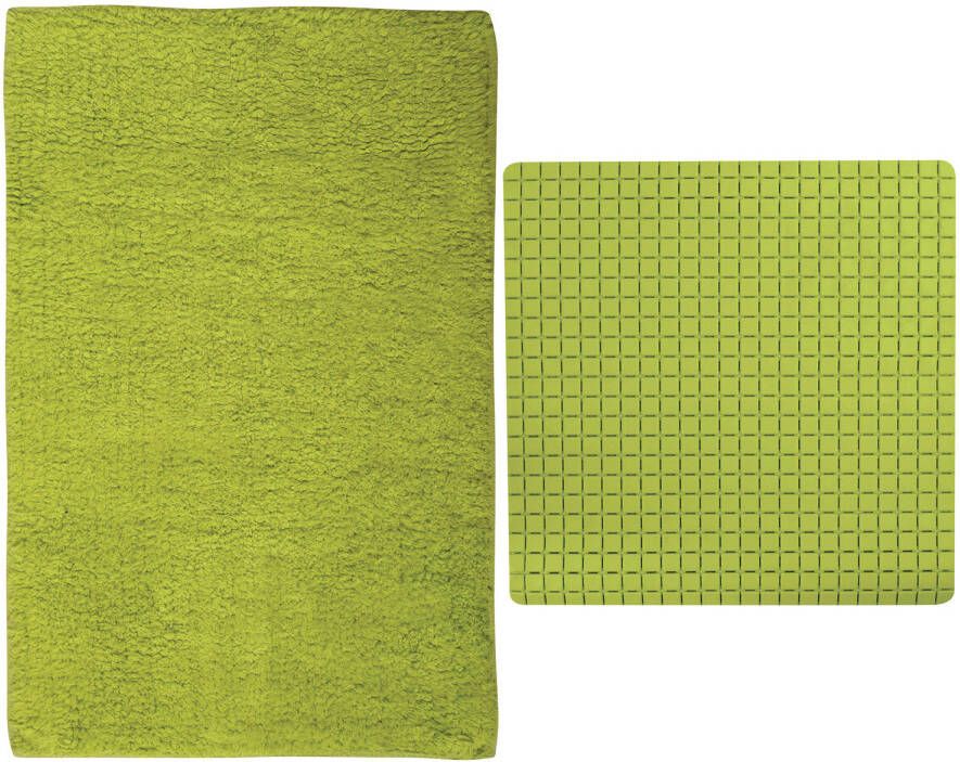 MSV Douche anti-slip mat en droogloop mat Napoli badkamer set rubber polyester limegroen Badmatjes