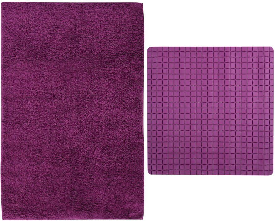 MSV Douche anti-slip mat en droogloop mat Napoli badkamer set rubber polyester paars Badmatjes